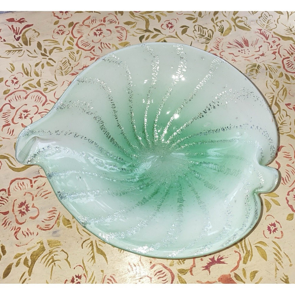 Murano Alfredo Barbini Circus Tent Glass Bowl Mint White Silver Flecks MCM